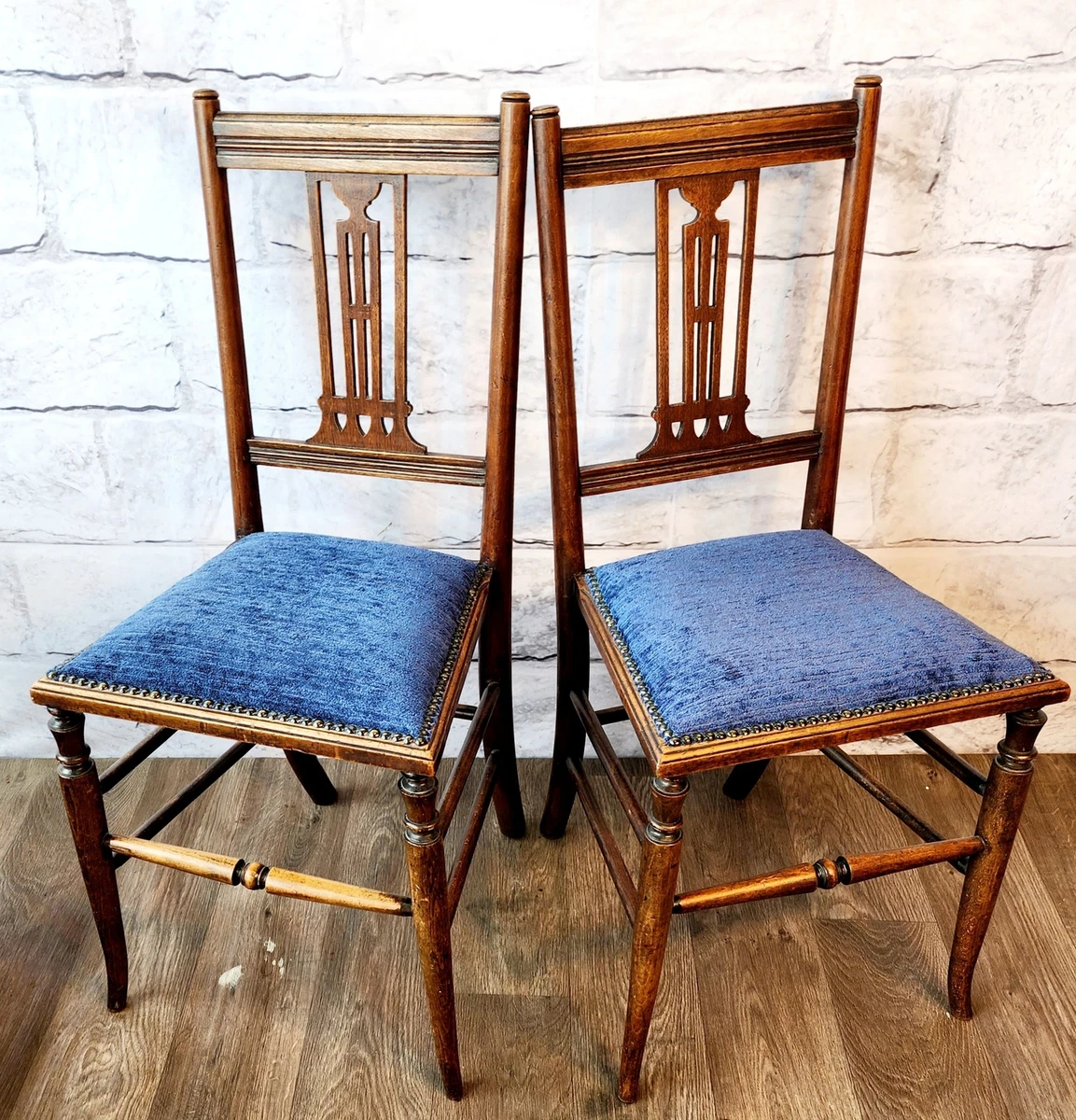 2 Antique Arts Crafts Style beech dining chairs blue draylon upholstered seats