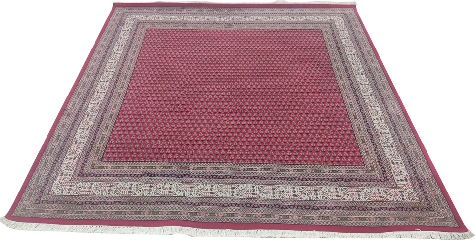 Alfombra anudada a mano cuadrada vintage 8 x 8 100 % lana hecha a mano cachemira roja Mir Foto 2 de 4