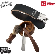 CLASSIC OLD WOOD CUT THROAT STRAIGHT RAZOR SHAVING GIFT SET SOAP BADGER BRUSH