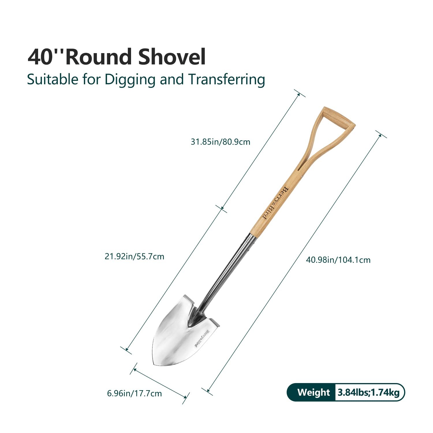 Berry&Bird Round Point Gardening Shovel with Wood D-Handle, 40.98" Stainless ...