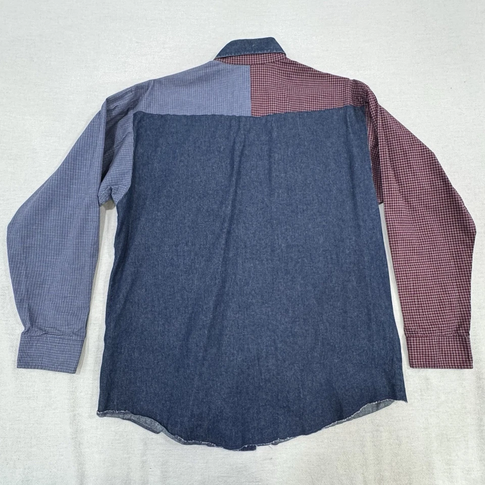 Camisa masculina grande vintage anos 80 Panhandle slim denim bloco de cores botão feita nos EUA - Imagem 3 de 4
