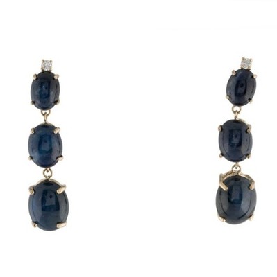 14K Yellow Gold Sapphire & Diamond Dangle Earrings 17.00ct Cabochon Fine Jewelry