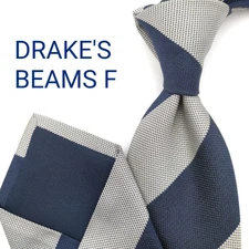 British Made Drake's Beams F Tie Navy Silver Striped