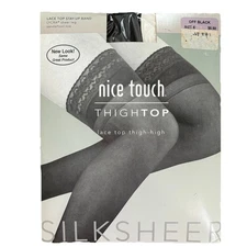 Nice Touch Thigh High Stockings Pantyhose Black Lace Top Sheer Vintage Size E