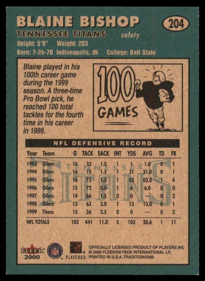 2000 Fleer Tradition - Blaine Bishop #204 - Image 2 of 2