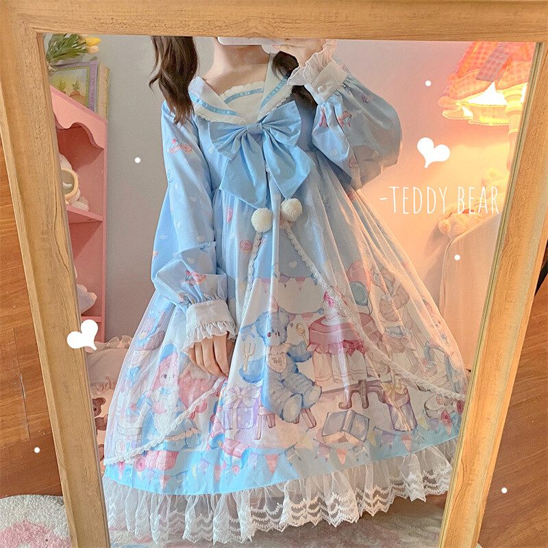 Bear Party Women's Lolita OP Dress Long Sleeve Sailor Collar