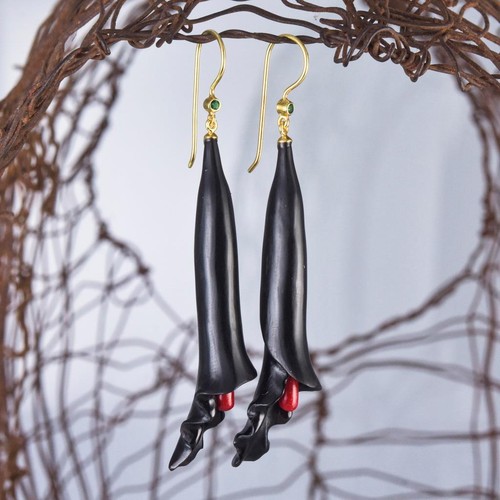 Flower Earrings Nero Clacson, Corallo Rosso Smeraldo Oro Vermiglio Argento 6.53g - Foto 6 di 14