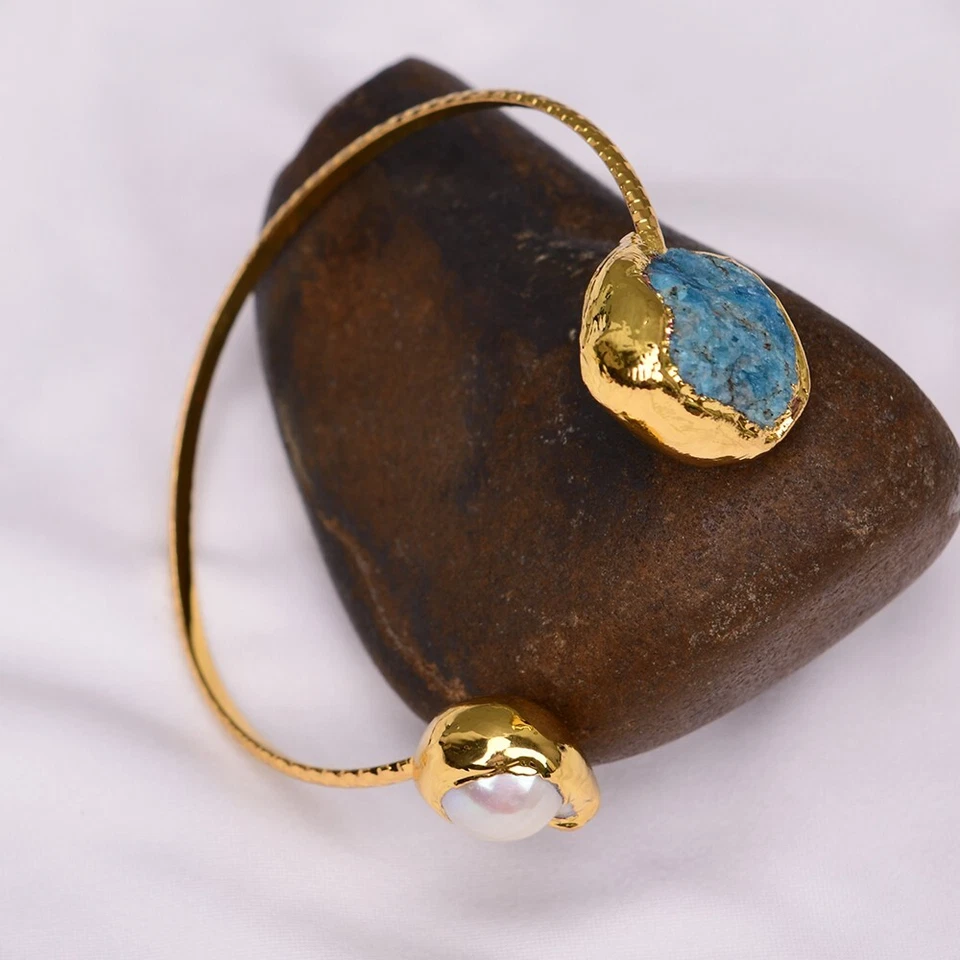 Браслет позолоченный камень апатит синий жемчуг кеши натуральный белый ручной работы - Изображение 3 из 4