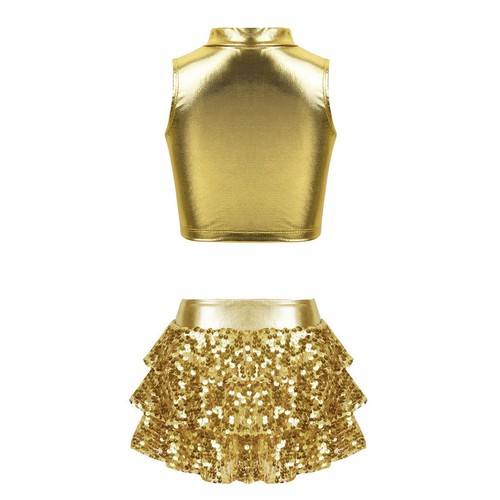 Kids Girls Ballet Dance Dress 2-Piece Metallic Shiny Lyrical Latin Dancewear - Picture 5 of 39