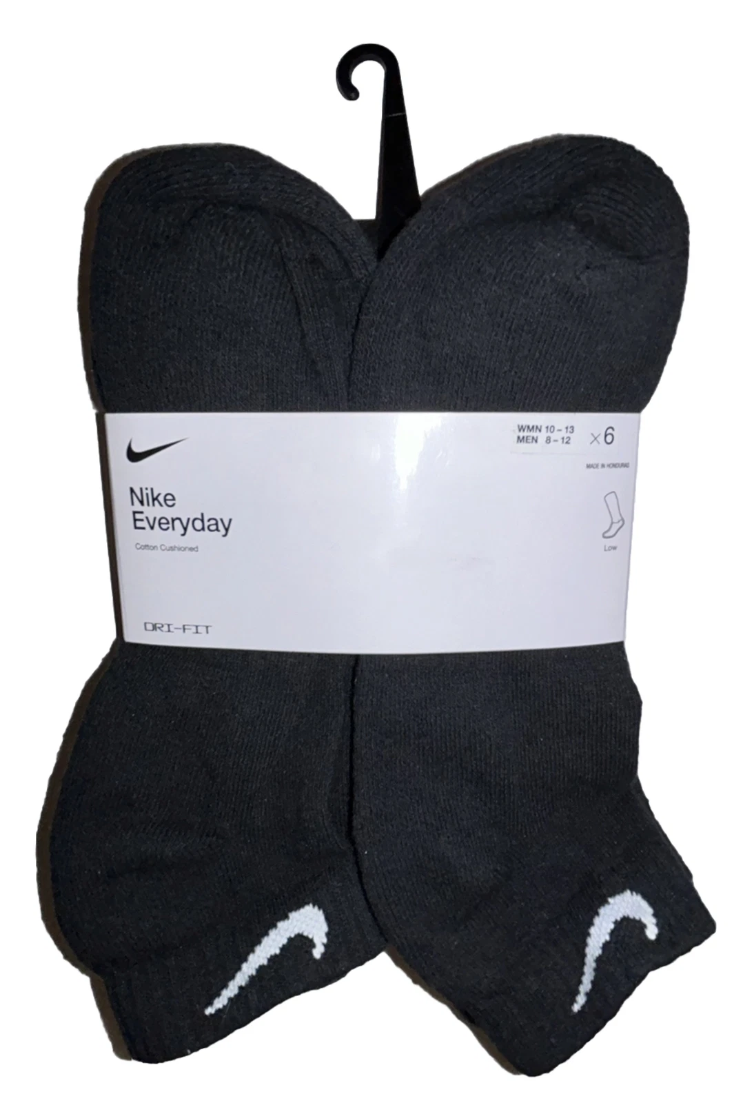 Nike Everyday Low Cut Socks 6 Pair Men 8-12 Wmn 10-13 Black w White Logo Cushion
