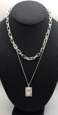 Layered Look Necklace Rectangle Link Chain And Swirl Cut Pendant Silver Tone