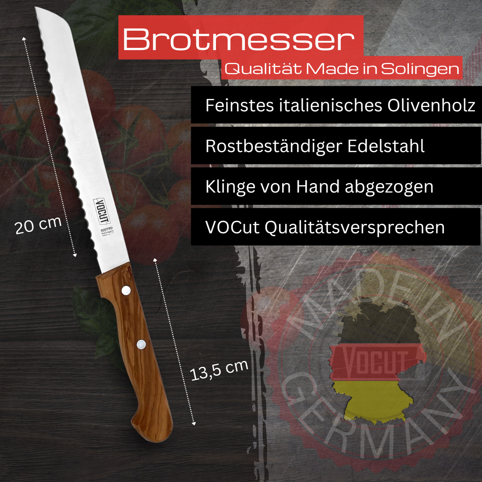 Solingen Brotmesser Wellenschliff Küchenmesser Messer Olivenholz Edelstahl VOCut