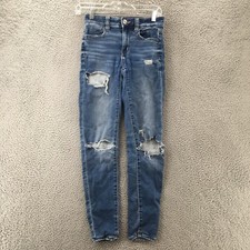 American Eagle Next Level Stretch Hi-Rise Jegging Womens 00 Blue Destroyed Denim