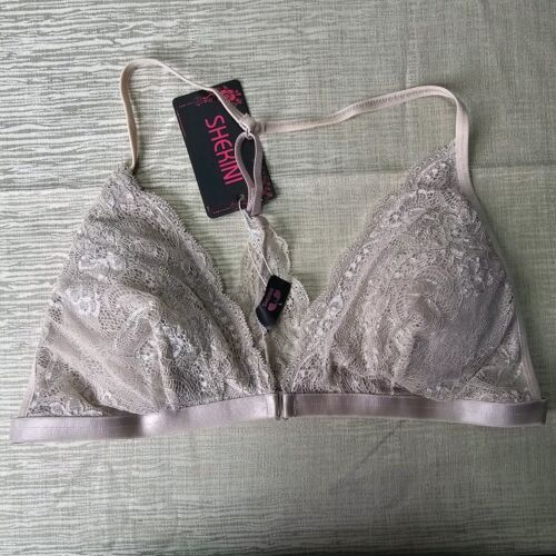 Shekini Lace Bra Triangle Cups Front Clasp Racerback Wireless Pale Mauve Sz LG