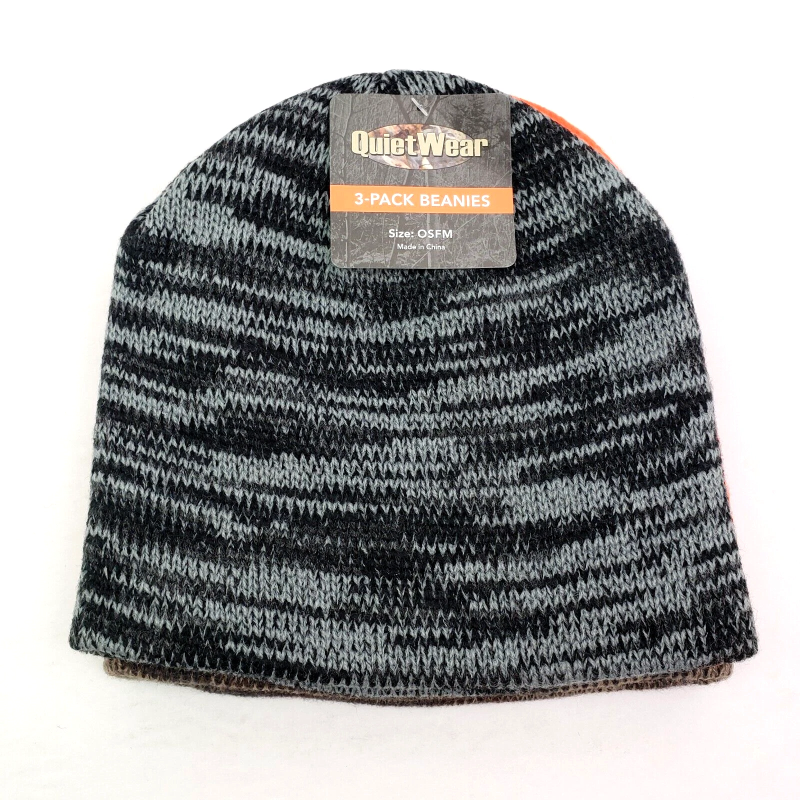 Quiet Wear Adult Mens One Size Gray Orange Brown Hunting Knit Warm 3 Beanie Hat