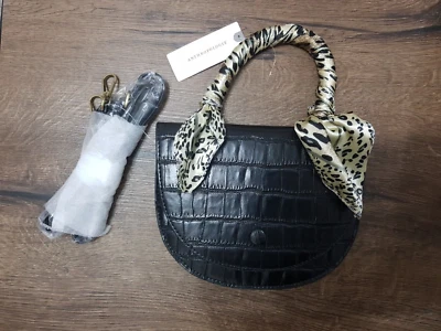 Anthropologie Black Croc Small Double Sided Bag with Strap & Satin Handle RRP£70