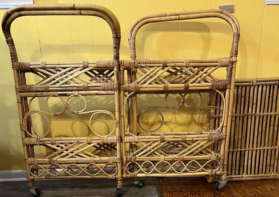 Carro de bar bambú mimbre núcleo de cabaña plegable difícil de encontrar de colección BOHO núcleo costero Foto 2 de 2