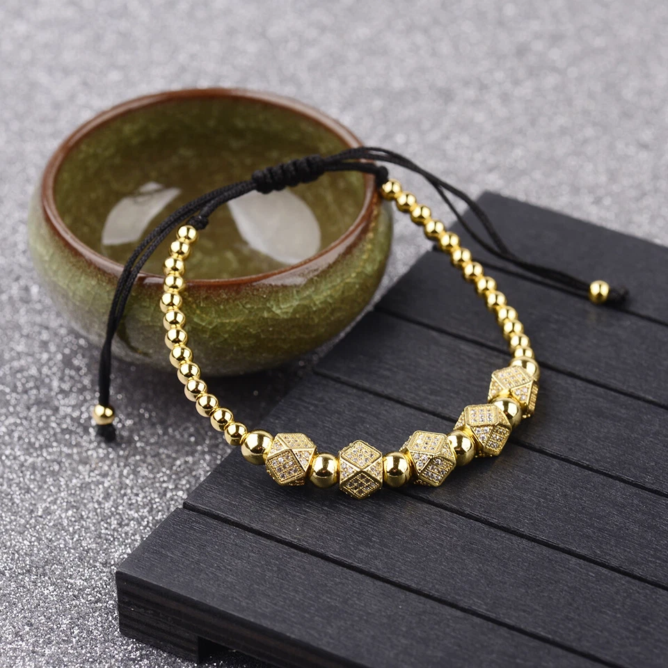 Luxury Men's Women Micro Pave CZ Ball Crown Polygon Braided Adjustable Bracelets - Image 2 of 4