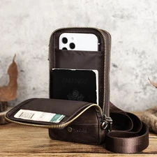 Men's Vintage Leather Zipper Crossbody Bag for Phone with Adjustable strap