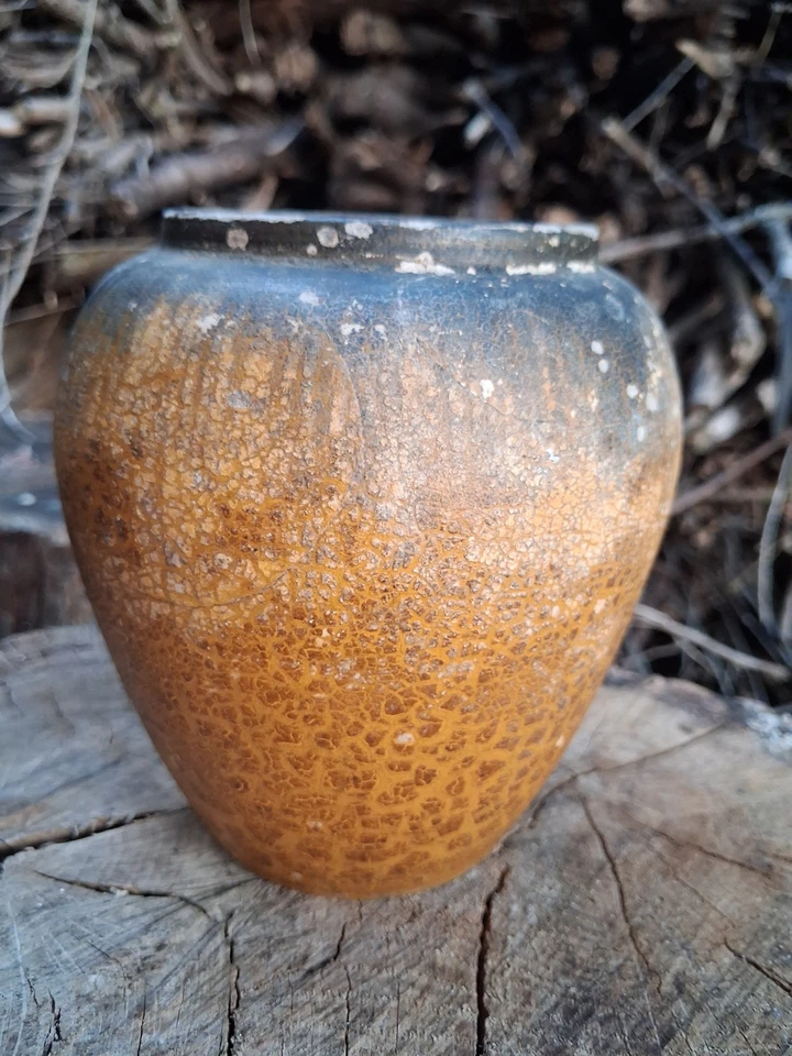 Poterie ancienne en terre cuite émaillée jaune – Pot à graisse - Photo 1/4