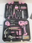 126 Pcs DEKOPRO Home Tool Set Kit w/8V Pink Cordless Drill Pink For Women