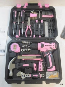 126 Pcs DEKOPRO Home Tool Set Kit w/8V Pink Cordless Drill Pink For Women