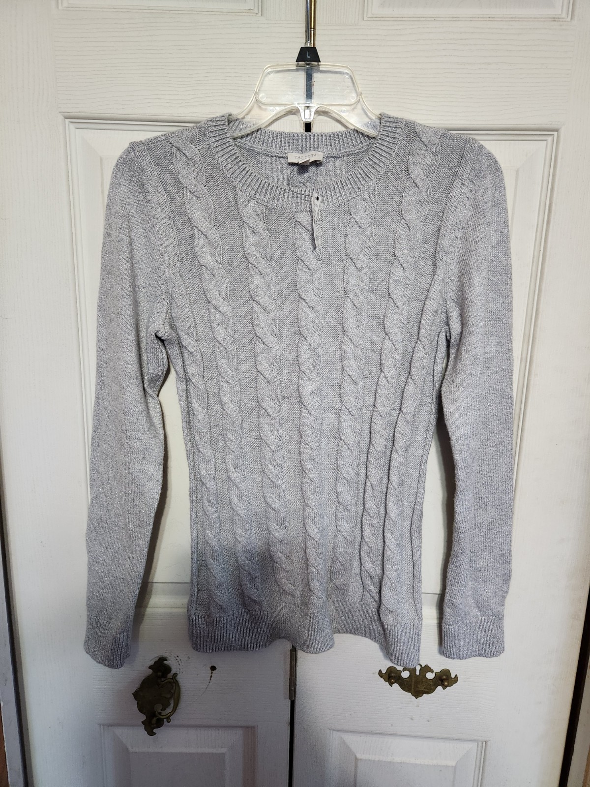 NWT Womens Talbots Cable Knit Gray with Sparkles Crew Neck Sweater Size Small