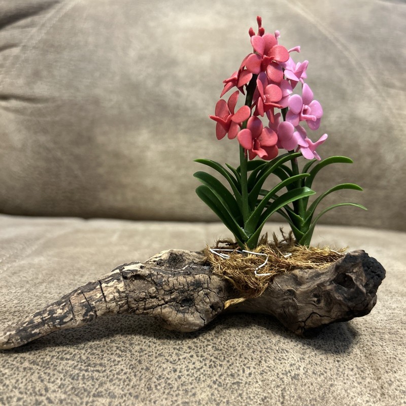 Vintage Miniature Pink Orchids On Driftwood Statues