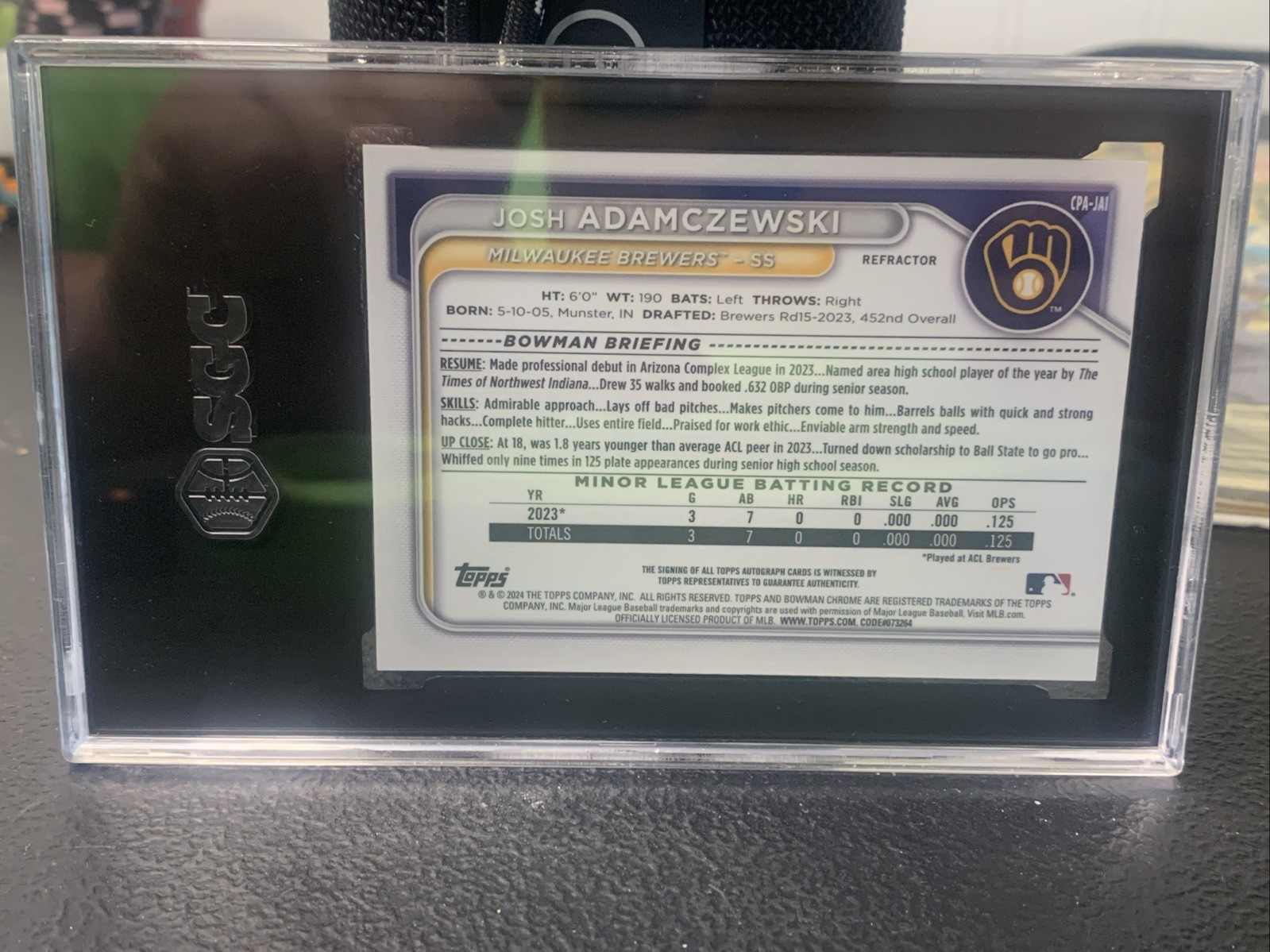 2024 Bowman Chrome Refractor /499 Auto JOSH ADAMCZEWSKI RC SGC 9.5/10  Brewers view 2