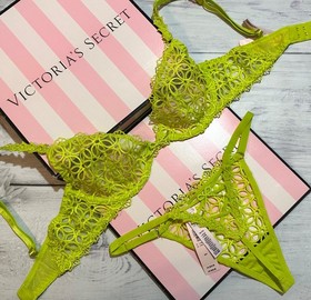 Victoria's Secret Geo Daisy Lace Unlined Low-Cut Demi Bra Thong Set Limelight