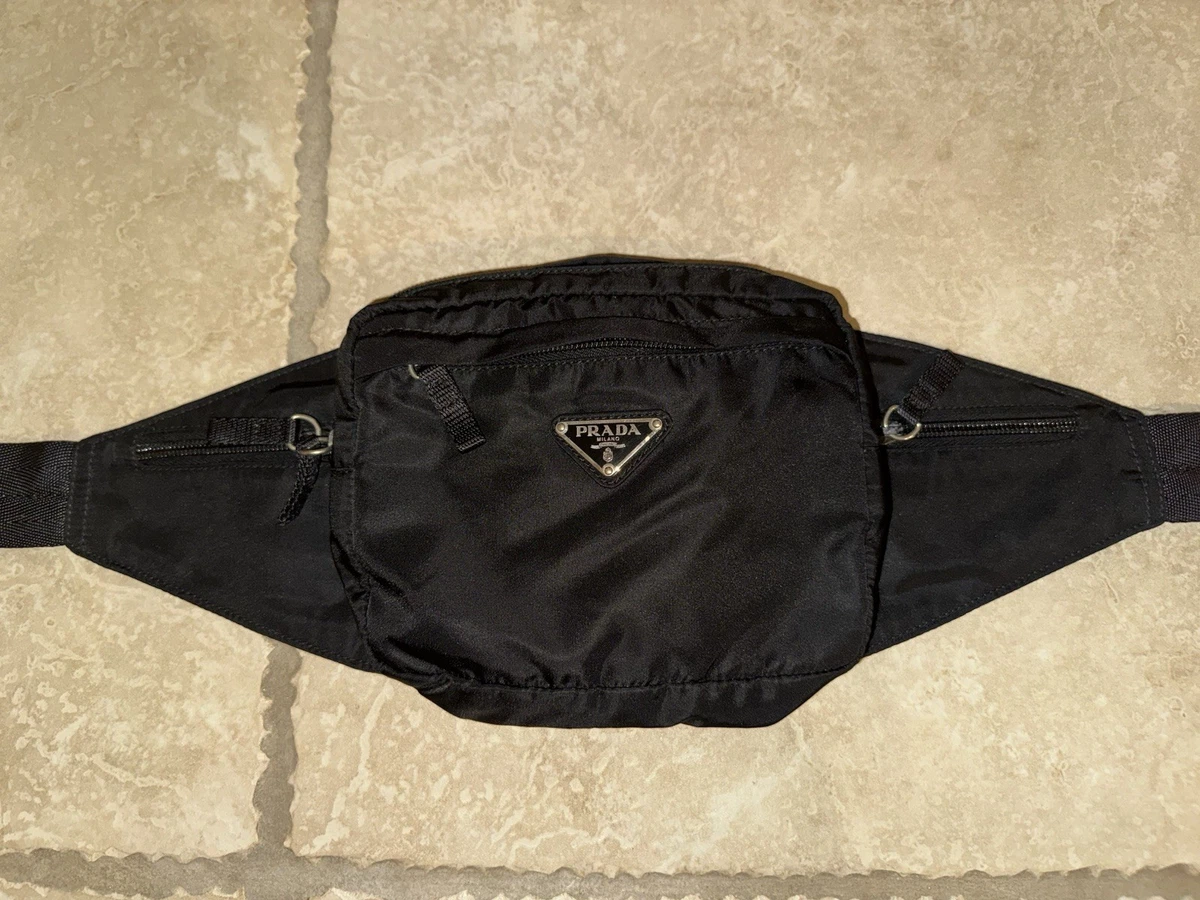 お*な様 PRADA FABRIC WAISTBAG WITH LEATHER Black Re-nylon And