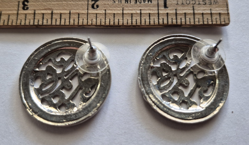 Art Deco Vintage Cobalt Blue Enamel silver filigree round disk pierced Earrings - Picture 3 of 5