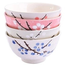Japanese Rice Bowl Set of 4 Asian Style Hand-painted Floral Plum Ceramic Bowl...