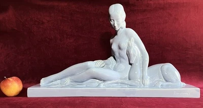LADY WOMEN CRACKLE GLAZE LEMANCEAU SCULPTURE STATUE FEMME CRAQUELE ART DECO 1930 - Photo 1/4