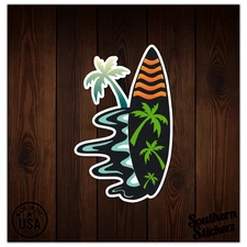Surf Board Palm Tree - Vinyl Decal Sticker - Car Window Laptop - ebn7577