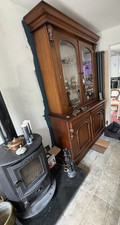 Antique Brown Wood & Glass Display Cabinet 2 Doors, Glass Shelves, 1 Drawer