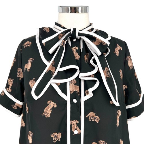 The Moon Dachshund Dog Print Bow Neck Retro Style Blouse Black Size Large - Picture 2 of 22