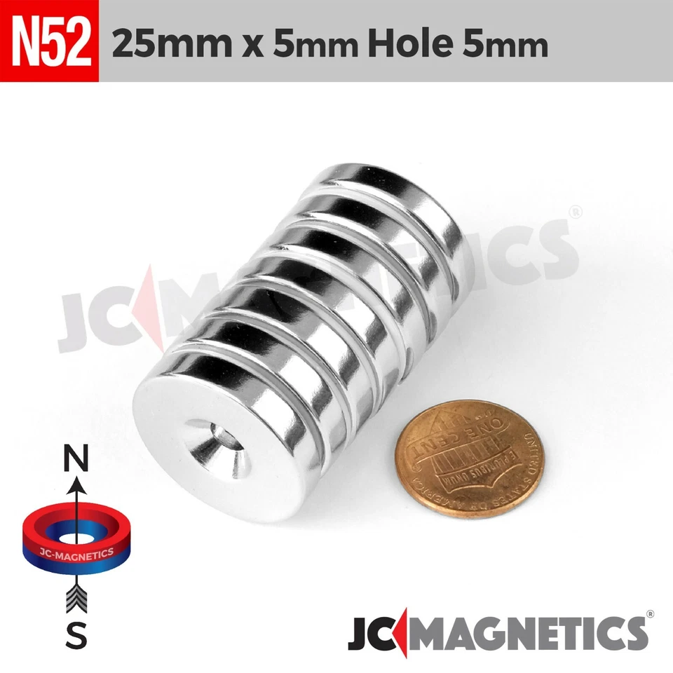 JC-MAGNETICS 25mm x 5mm Hole 5mm Strong N52 Countersunk Ring Rare Earth Neodymium Magnet