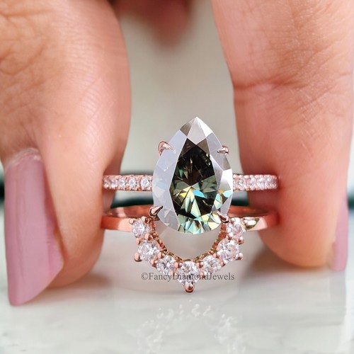Pear Green Moissanite Ring Curved Stacking Engagement Ring Set For Her FD242 - 第 1/10 張圖片