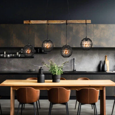 Pendelleuchte Hängelampe Wohnzimmerlampe 4 Flammig Holzleuchte schwarz H 140 cm - Bild 1 von 4
