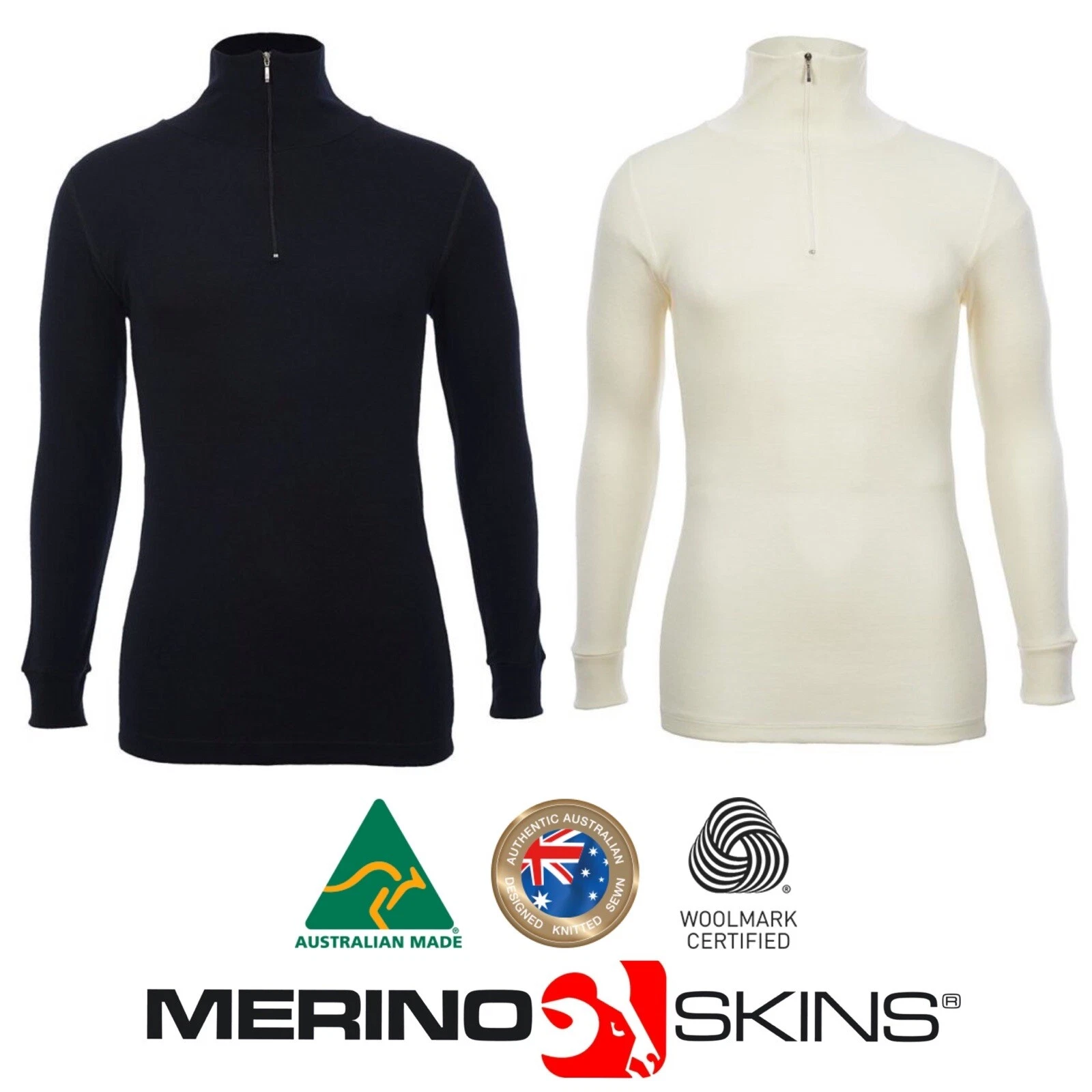 Australia Made 💯 Merino Wool Unisex Long Sleeve Zip Neck Top Black/White