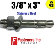 (QTY 25) 3/8" x 3" Concrete Wedge Anchor Stainless Steel Grade 304 3/8-16 X 3"