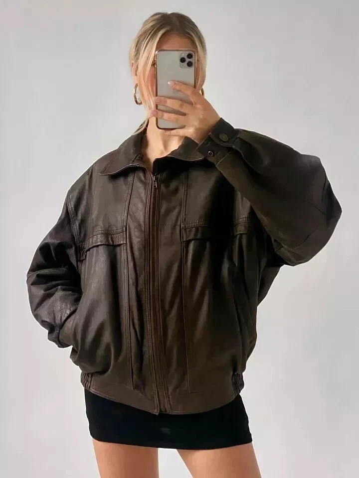 90's Women Vintage Oversized Straight Jacket, ladies leather jacket 100% sheep