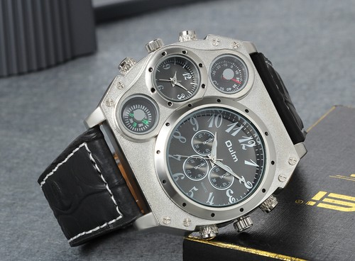 Herren Sport Armee Multifunktionale 2 Zeitzonen Zifferblatt Leder Quarz Armbanduhr - Bild 9 von 18