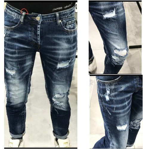 Jeans uomo strappati slim Fit Blu Denim Strappi elastico Moda Design cotone  new | eBay