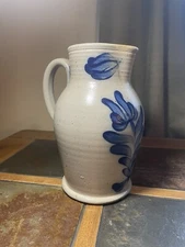 Vtg Rowe Pottery Works Handmade Large Stoneware Salt Glazed Floral Pitcher 1887