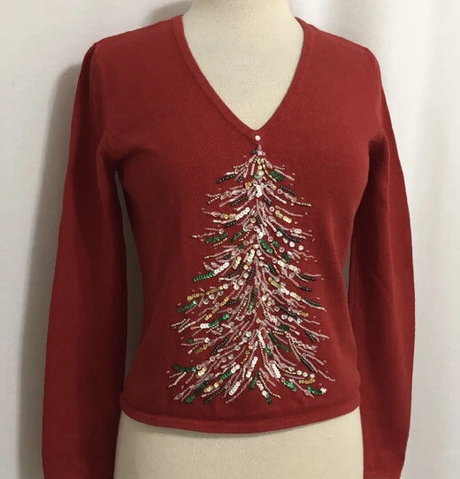 Smitten Michael Simon Red Christmas Sweater Size M Beaded Sequined