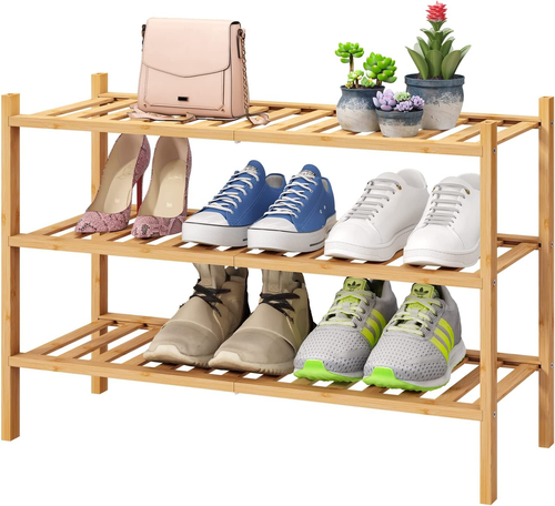 3-Tier Free Standing Shoe Racks, Bamboo Wood Shoe Rack for Entryway & Closet, Be