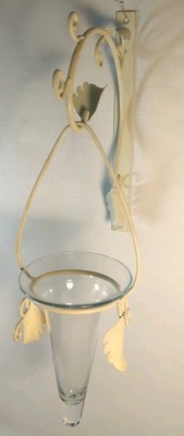 Vtg TOLE Metal Wall Vase Sconce Bracket With Hanging Glass Vessel Chic 18''