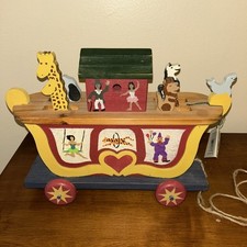 Musical Wooden Heritage Handmade Pull Toy Circus Cart W/animals